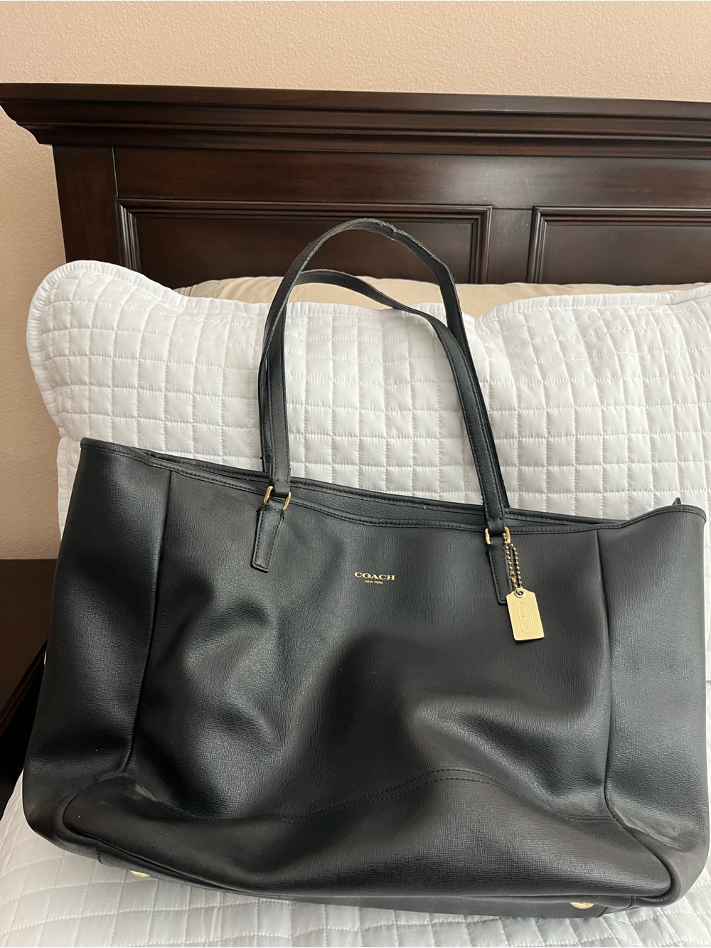Coach Saffiano Black Leather Large City Tote with Gold Accents (style 23822)